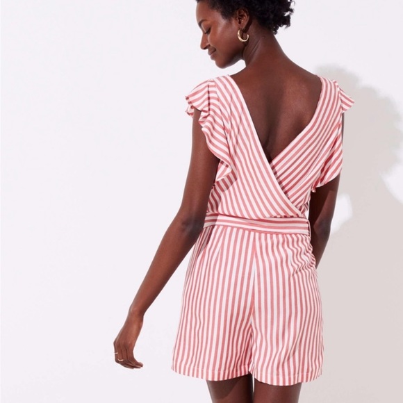 Ann Taylor LOFT Red & White Striped Flutter Tie Waist Romper - Picture 3 of 10